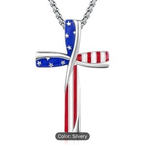 Silvery Alloy Patriotic American Flag Cross Pendant Necklace - New